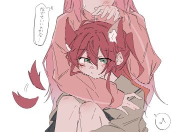 2girls akng1110 animal_ears blush bocchi_the_rock! brown_shirt closed_mouth commentary_request dog_ears dog_girl dog_tail gotoh_hitori green_eyes highres hug hug_from_behind jacket kemonomimi_mode kita_ikuyo long_hair multiple_girls musical_note one_side_up pink_hair pink_jacket red_hair school_uniform shirt shuka_high_school_uniform speech_bubble spoken_musical_note tail tail_wagging thought_bubble translation_request yuri