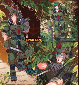 Rule 34 | 1boy, 8823, armor, assault visor, beam rifle, black footwear, black gloves, boots, character name, closed mouth, earth federation space forces, energy gun, finger on trigger, fukuchi mobile suit station, full body, gloves, gm spartan, green eyes, green visor, gun, gundam, helmet, highres, holding, holding gun, holding knife, holding weapon, humanization, jungle, knife, lace-up boots, looking at viewer, male focus, mecha danshi, multiple views, nature, outdoors, over shoulder, radio antenna, red hair, short hair, standing, tree, weapon, weapon over shoulder