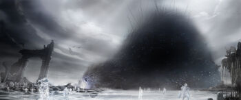 armor bird cloud cloudy_sky demon&#039;s_souls eldritch_abomination gargoyle helmet highres holding holding_weapon landscape monster official_art people planted ruins sky spirit starry_skin the_old_one weapon