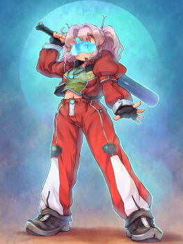 1980s_(style) 1girl antennae baseball_bat densetsu_kyojin_ideon female_focus fingerless_gloves full_body gloves gradient_background ideon jewelry navel necklace oldschool open_mouth personification pink_hair retro_artstyle sankuma solo