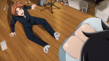 1boy 1girl 2025 20s aki_mary animated animated_gif black_hair breasts cleavage doctor downblouse freckles_on_breasts height_difference huge_breasts ichinose_shiki_(tougen_anki) no_bra orange_hair school_uniform standing tagme tall_female tougen_anki