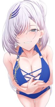 1girl bikini blue_bikini blush breasts cleavage cowboy_shot eyelashes grey_eyes grey_hair hair_over_one_eye hashtag-only_commentary highres hololive hololive_indonesia large_breasts parted_lips pavolia_reine si_farid simple_background smile solo swimsuit virtual_youtuber white_background