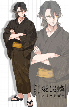 Rule 34 | 1boy, ano amesuke, bags under eyes, black hair, black kimono, commentary request, cross scar, crossed arms, frown, full body, highres, japanese clothes, kimono, male focus, original, sandals, scar, solo, striped clothes, striped kimono, translation request, vertical-striped clothes, vertical-striped kimono, yellow eyes, zoom layer