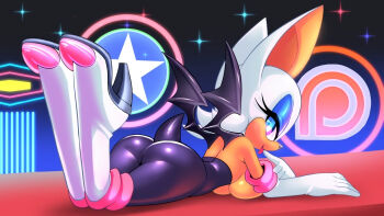 1girl ass blue_eyes boots breasts female_focus furry furry_female gloves high_heel_boots high_heels looking_at_viewer looking_back rouge_the_bat sega sif solo sonic_(series) white_gloves wings