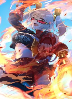 Rule 34 | 1girl, :d, absurdres, azukimaru, black gloves, black jacket, black skirt, black tube top, blonde hair, blush, breasts, burnice white, commentary, crop top, flamethrower, gloves, highres, holding, holding flamethrower, holding weapon, jacket, large breasts, looking at viewer, looking over eyewear, navel, open mouth, red-tinted eyewear, red eyes, short hair, skirt, smile, solo, strapless, sunglasses, thighhighs, tinted eyewear, tube top, twintails, weapon, zenless zone zero