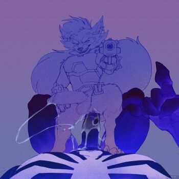 2boys aiming anal animal_ears artist_name bara barefoot claws commentary cum cum_on_ass cum_on_body earrings english_commentary erection fangs furry furry_male grin guardians_of_the_galaxy gun highres holding holding_gun holding_weapon jewelry korichi looking_at_viewer male_focus male_penetrated marvel marvel marvel_rivals multiple_boys pectorals penis pov raccoon_boy raccoon_ears raccoon_tail rocket_raccoon single_earring sketch smile spider-man_(series) tail testicles venom_(marvel) weapon yaoi