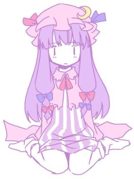 1girl arms_at_sides blue_bow blush bow capelet commentary_request crescent crescent_hat_ornament dress full_body hair_bow hat hat_ornament knees long_hair long_sidelocks long_sleeves lowres mob_cap patchouli_knowledge purple_capelet purple_dress purple_hair purple_hat rangycrow red_bow sidelocks simple_background sitting solo striped_clothes striped_dress touhou wariza white_background |_|