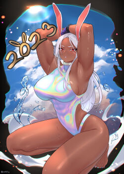 1girl 2023 absurdres animal_ears armpits arms_up artist_name barefoot blue_nails boku_no_hero_academia breasts chinese_zodiac choker commentary covered_abs covered_navel dark-skinned_female dark_skin english_commentary gabriel_carrasquillo gloves highres holographic_clothing large_breasts long_eyelashes long_hair looking_at_viewer mirko multicolored_nails muscular muscular_female nail_polish one-piece_swimsuit parted_bangs parted_lips purple_gloves purple_nails rabbit_ears rabbit_girl red_eyes red_nails shiny_skin solo squatting swimsuit thick_thighs thighs tiptoes toenail_polish toenails toes turtleneck turtleneck_one-piece_swimsuit twitter_username water wet white_choker white_hair wrist_cuffs year_of_the_rabbit