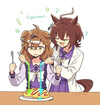 Rule 34 | 2girls, agnes tachyon (umamusume), ahoge, animal ears, brown hair, butter knife, closed eyes, coat, collared shirt, commentary, dated commentary, double-parted bangs, english text, food, hair between eyes, hair ornament, hands up, highres, holding, holding knife, holding spoon, holding test tube, horse ears, horse girl, horse tail, jungle pocket (umamusume), knife, lab coat, long bangs, long sleeves, looking down, mazu1kan, medium hair, multicolored hair, multiple girls, musical note, omelet, omurice, open clothes, open coat, open mouth, parted lips, pouring, purple shirt, school uniform, shirt, short hair, simple background, small sweatdrop, smile, spoon, streaked hair, tail, test tube, tracen school uniform, twitter username, umamusume, white background, white coat, worried, yellow eyes
