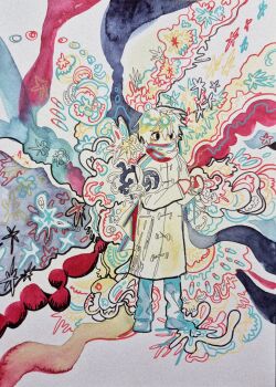 1boy abstract_background coat duffel_coat full_body highres long_sleeves male_focus mittens original pants scarf short_hair solo standing traditional_media zer0h