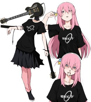 1girl absurdres audio_jack black_skirt blood blood_from_mouth blue_eyes bocchi_the_rock! cable chainsaw_man clenched_teeth collarbone commentary cube_hair_ornament electric_guitar full_body gotoh_hitori grin guitar hair_between_eyes hair_ornament half-closed_eyes highres instrument kekel kessoku_band_logo kessoku_band_t-shirt long_hair looking_at_viewer multiple_views nosebleed parted_lips pink_hair pleated_skirt short_sleeves simple_background skirt smile standing symbol-only_commentary teeth upper_body white_background