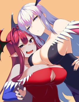 2girls baobhan_sith_(fate) bare_shoulders black_leotard blue_eyes blush braid breasts cleavage cosplay darkstalkers detached_sleeves fate/grand_order fate_(series) grey_eyes grey_hair highres kuroshiro_(ms-2420) large_breasts leotard lilith_(darkstalkers) lilith_(darkstalkers)_(cosplay) long_hair looking_at_viewer morgan_le_fay_(fate) morrigan_aensland morrigan_aensland_(cosplay) multiple_girls open_mouth pink_hair pointy_ears ponytail red_leotard sidelocks smile very_long_hair