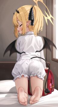 1girl absurdres backpack bag barefoot blonde_hair bloomers blue_archive closed_eyes comodox crime_prevention_buzzer demon_horns demon_tail demon_wings feet halo highres horns ibuki_(blue_archive) indoors large_variant_set loli paid_reward_available pointy_ears randoseru shirt soles solo tail toes underwear variant_set white_shirt wings yellow_halo