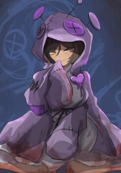 1girl coat commentary_request e.g.o_(project_moon) highres hood hood_up hooded_coat i'll_go_fer_scissors._how_'bout_you?_(e.g.o) large_buttons limbus_company nail_(hardware) outis_(project_moon) patchwork_clothes pin project_moon purple_coat purple_hood short_hair sleeves_past_fingers sleeves_past_wrists smile solo torimodoki_0 yellow_eyes