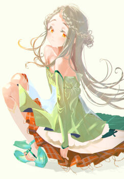 Rule 34 | 1girl, absurdres, bare shoulders, blush, braid, detached sleeves, dress, flat chest, floating hair, full body, gakuen idolmaster, grey hair, highres, idolmaster, long hair, looking at viewer, orange eyes, shinosawa hiro, sitting, solo, superhoikoro