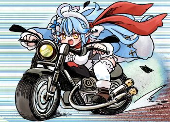 ahoge blue_coat blue_hair blush breasts cleavage coat dress elf full_body heart heart_ahoge highres hololive kamen_rider kamen_rider_(1st_series) large_breasts long_hair mairu_dou motion_lines motor_vehicle motorcycle on_motorcycle open_clothes open_coat open_mouth pointy_ears red_scarf riding scarf speed_lines virtual_youtuber white_dress yellow_eyes yukihana_lamy