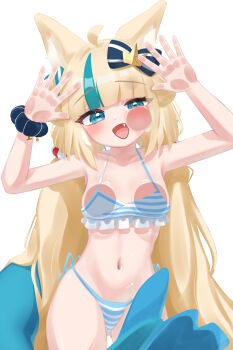 1girl against_fourth_wall against_glass ahoge akuruatsu animal_ear_fluff animal_ears arms_up bikini blonde_hair blue_bikini blue_bow blue_eyes blue_scrunchie blue_streaks blue_tail blunt_bangs blush bow bra breast_press breasts breasts_on_glass cat_ears cheek_on_glass cheek_press commentary cowboy_shot dot_nose fang fins fish_tail frilled_bra frills hair_bow hand_on_glass highres indie_virtual_youtuber lifebuoy_hair_ornament looking_at_viewer medium_breasts multicolored_hair navel open_mouth sameko_saba sameko_saba_(1st_costume) scrunchie side-tie_bikini_bottom simple_background single_hair_streak smile solo standing stomach streaked_hair striped_bikini striped_clothes swimsuit tail thigh_gap twintails underwear untranslatable_commentary virtual_youtuber white_background white_bikini wrist_scrunchie