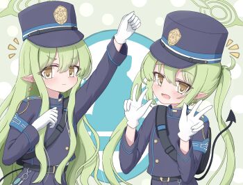2girls black_hat black_jacket blue_archive closed_mouth commentary_request demon_girl demon_horns double_v dvomil gloves green_eyes green_hair halo hat highres hikari_(blue_archive) horns jacket long_hair looking_at_viewer multiple_girls nozomi_(blue_archive) open_mouth pointy_ears smile solo twintails v very_long_hair white_gloves