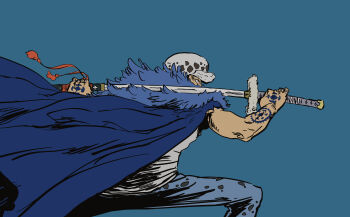 Rule 34 | 1boy, absurdres, arm tattoo, blue background, coat, commentary, denim, fur-trimmed coat, fur trim, hand tattoo, hat, highres, holding, holding sword, holding weapon, jeans, katsumi ishizuka, male focus, one piece, pants, sheath, simple background, solo, sword, tank top, tattoo, trafalgar law, unsheathing, weapon, white tank top