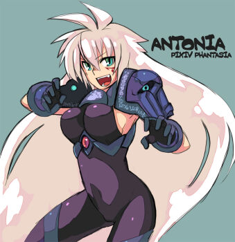 Rule 34 | 1girl, bodysuit, breasts, fang, female focus, green eyes, large breasts, long hair, original, pixiv fantasia, pixiv fantasia 1, rumie, shoulder pads, solo, very long hair, white hair