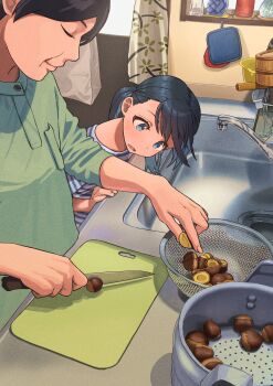 2girls black_hair blue_eyes blush bright_pupils chestnut closed_eyes closed_mouth commentary_request counter cutting_board faucet food green_shirt head_down highres holding holding_food holding_knife indoors kitchen kitchen_knife knife looking_to_the_side medium_hair multiple_girls open_mouth original pot-holder shirt side-by-side sink sleeves_pushed_up smile standing strainer striped_clothes striped_shirt three-quarter_sleeves toraneko turning_head twintails white_pupils white_shirt