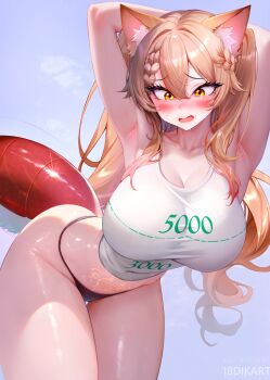 18dikart 1girl animal_ears armpits arms_up bent_over black_panties blonde_hair blush breasts cat_ears commission crop_top cut-here_line ebiko_(vtuber) fangs hair_between_eyes highres indie_virtual_youtuber large_breasts long_hair open_mouth panties pubic_tattoo shirt shrimp_tail solo t-shirt tattoo twitter_cutting_game underwear very_long_hair virtual_youtuber yellow_eyes