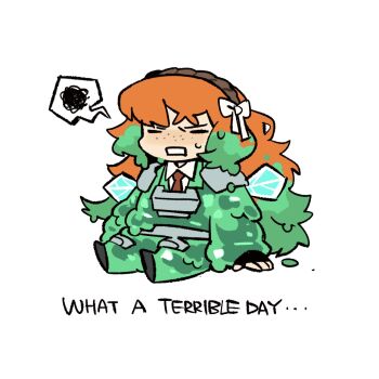 1girl bow brown_hairband closed_eyes e.g.o_(project_moon) fairy_wings freckles hair_bow hairband ishmael_(project_moon) kgdjeisk limbus_company long_hair open_mouth orange_hair project_moon rope sidelocks sitting sloshing_(e.g.o) solo speech_bubble spoken_squiggle squiggle sweat technology_liberation_alliance_(identity)_(project_moon) very_long_hair white_bow wings