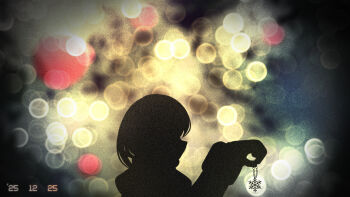 1girl blurry bokeh commentary commentary_request dated depth_of_field endlesscat english_commentary film_grain from_side hand_up highres holding holding_bracelet mixed-language_commentary original silhouette snowflakes solo upper_body