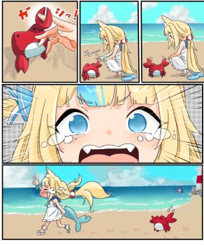 absurdres ahoge animal_costume animal_ear_fluff animal_ears animal_hood blonde_hair blue_eyes blue_hair blue_hoodie blue_streaks blunt_bangs cat_ears crab crying crying_with_eyes_open dai_roku_ten_mao dress fins fish_girl fish_tail frilled_sailor_collar frills gawr_gura highres hololive hololive_english hood hoodie indie_virtual_youtuber kaniki_(sameko_saba) lifebuoy_anklet lifebuoy_hair_ornament long_hair low_twintails multicolored_hair one_side_up paper_boat polearm sailor_collar sameko_saba shark_costume shark_girl shark_hood sharp_teeth streaked_hair tail tears teeth trident twintails very_long_hair virtual_youtuber weapon white_dress