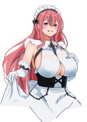 Rule 34 | 1girl, alternate costume, azur lane, blush, breast cutout, breasts, bremerton (azur lane), charybdis (azur lane), charybdis (azur lane) (cosplay), cleavage, cleavage cutout, clothes lift, clothing cutout, cosplay, dress, dress lift, elbow gloves, enmaided, gloves, hair between eyes, highres, large breasts, long hair, looking at viewer, maid, maid headdress, mole, mole under eye, pink hair, red eyes, smile, solo, soul (dp11), two-tone dress, white background, white gloves