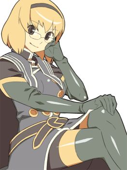 Rule 34 | 1girl, anime coloring, archived source, belt, bike shorts, black belt, black cape, black eyes, black hairband, black outline, black shirt, black shoes, black sleeves, blonde hair, blue coat, blue gloves, blue thighhighs, bob cut, breasts, buttons, cape, coat, company connection, cosplay, elbow gloves, glasses, gloves, hairband, hand on own chin, hand on own knee, high collar, itsumo nokoru, jade curtiss, jade curtiss (cosplay), looking at viewer, medium breasts, military coat, military uniform, narrow waist, natalia luzu kimlasca lanvaldear, outline, pac-man, popped collar, rimless eyewear, round eyewear, shirt, shoes, simple background, sitting, smile, solo, straight hair, surcoat, tales of (series), tales of the abyss, thick outlines, thighhighs, white background, yellow trim