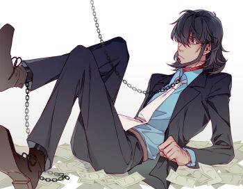 1boy asam banknote beard black_hair black_suit blue_shirt bound_ankles chain chain_leash collar facial_hair formal_clothes hair_over_one_eye hand_hair highres jigen_daisuke leash lupin_iii male_focus money necktie red_collar shirt suit white_background white_necktie