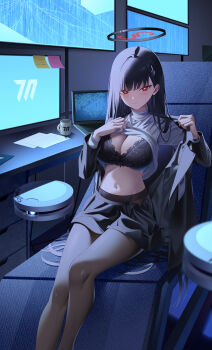 1girl absurdres black_bra black_hair black_halo black_pantyhose black_skirt blue_archive blush bra breasts cleavage closed_mouth clothes_lift commentary_request computer crack cracked_glass cracked_screen cup desk ekidona halo highres laptop large_breasts long_hair looking_at_viewer monitor mug pantyhose paper rio_(blue_archive) sitting skirt solo sticky_note sweat sweater sweater_lift turtleneck turtleneck_sweater underwear very_long_hair white_sweater