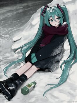 1girl alternate_costume aqua_eyes aqua_hair aqua_mittens black_boots black_coat boots bottle coat commentary hair_between_eyes hair_ornament hatsune_miku highres juice long_hair long_sleeves looking_to_the_side mittens on_ground outdoors own_hands_together parted_lips red_scarf scarf sitting snow solo twintails vegetable_juice very_long_hair vickie_(cryingrobot) vocaloid winter winter_clothes