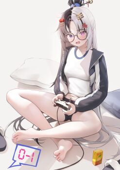 1girl absurdres anger_vein bare_legs barefoot black_hair black_panties blush breasts commission controller cushion feet game_controller glasses hair_ornament hair_spread_out hair_stick hairclip heterochromia highres holding holding_controller holding_game_controller indian_style jacket juice_carton legs long_hair looking_at_viewer multicolored_hair nail_polish navel no_pants open_clothes open_jacket original panties parted_bangs pink_eyes purple_eyes revision round_eyewear sandals seven-segment_display shirt sitting small_breasts soles solo split-color_hair toenail_polish toenails toes two-tone_hair underwear unworn_sandals very_long_hair wavy_mouth white_hair white_shirt zhenli-mari