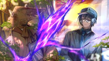 2boys bags_under_eyes baseball_cap bell black_hair black_hat blue_necktie bow bowtie brown_bow brown_bowtie brown_coat coat collared_shirt commentary_request covered_face cow_horns cowbell dongrang_(project_moon) e.g.o_(project_moon) expressionless farmwatch_(e.g.o) hair_between_eyes half-closed_eyes hanbok hat horns korean_clothes limbus_company mask mouth_mask multiple_boys necktie official_alternate_costume project_moon shirt short_hair straw_hat suguri_1150615 sunset tree w_corp._(identity)_(project_moon) white_hanbok yi_sang_(project_moon)