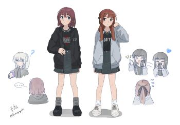 4girls black_hair black_jacket black_ribbon black_shirt black_shoes blue_eyes blush brown_eyes brown_hair cellphone closed_mouth commentary fantasy6gp677 girls_band_cry grey_hair grey_jacket grey_skirt grey_socks hair_down hair_ribbon half_updo hand_up highres holding holding_phone hood hood_down hooded_jacket iseri_nina jacket kawaragi_momoka long_hair medium_hair multiple_girls phone ponytail real_life ribbon rina_(voice_actor) shirt shoes simple_background skirt smartphone socks taking_picture voice_actor voice_actor_connection white_background white_shoes white_socks yuri_(voice_actor)