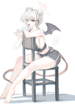 Rule 34 | 1girl, absurdres, ahoge, alternate costume, armpits, bare arms, bare legs, barefoot, black shorts, black tank top, blue archive, breasts, chair, commentary request, crop top, demon tail, demon wings, dolphin shorts, double bun, food, hair bun, halo, haruna (blue archive), highres, holding, holding food, holding popsicle, large breasts, looking at viewer, multicolored hair, on chair, popsicle, red eyes, red hair, short shorts, shorts, sideboob, simple background, single wing, sitting, solo, streaked hair, sunnysideup, tail, tank top, tongue, tongue out, two-tone hair, white background, white hair, wings