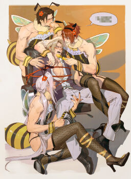Rule 34 | 4boys, absurdres, angeal hewley, antennae, bare shoulders, beard, bee costume, bee wings, black hair, black leotard, black shoes, black thighhighs, blonde hair, blush, brown hair, censored, chair, collared shirt, crisis core: final fantasy vii, facial hair, fake antennae, final fantasy, final fantasy vii, fishnet thighhighs, fishnets, flower, frilled leotard, frills, full body, fur collar, genesis rhapsodos, glasses, grey hair, grey jacket, grey pants, hair flower, hair ornament, high heels, highres, insect wings, jacket, lazard deusericus, leotard, long hair, low twintails, luluzhang998873, male focus, medium hair, mosaic censoring, multiple boys, muscular, muscular male, pants, parted bangs, pumps, restrained, sephiroth, sex toy, shirt, shoes, sitting, smile, sweatdrop, swivel chair, thighhighs, twintails, vibrator, white shirt, wings, wrist cuffs, yaoi, yellow wrist cuffs