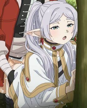 Rule 34 | 1boy, 1girl, against tree, capelet, clothed sex, commentary request, dress, elf, frieren, green eyes, hetero, jewelry, long hair, open mouth, paid reward available, pointy ears, sex, sex from behind, sousou no frieren, stark (sousou no frieren), thick eyebrows, tomu (tomubobu), tree, twintails, white capelet, white dress