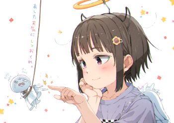 1girl 1other afterimage ano_ko_wa_toshi_densetsu artist_self-insert black_hair blush closed_mouth commentary_request fake_halo fake_horns feathered_wings flower flying_sweatdrops gomennasai grey_shirt hair_flower hair_ornament hairclip halo hands_up horns looking_at_another mini_wings motion_lines purple_eyes shirt short_sleeves simple_background smile speed_lines star_(symbol) teruterubouzu translation_request white_background white_wings wings yellow_flower zangyaku-san