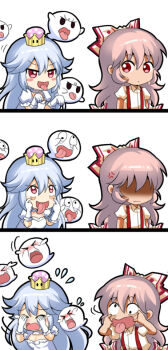 &gt;_&lt; 2girls 3koma :d akanbe anger_vein black_eyes blush_stickers boo_(mario) bow breasts chibi chinese_commentary choker comic commentary_request cross-eyed crossover crown crying dress eyelid_pull flying_teardrops frilled_choker frills fujiwara_no_mokou gloves hair_bow hands_up jokanhiyou long_hair looking_at_another luigi&#039;s_mansion making_faces mario_(series) medium_breasts mini_crown multiple_girls new_super_mario_bros._u_deluxe nintendo open_mouth pink_hair princess_king_boo puffy_short_sleeves puffy_sleeves red_eyes shaded_face shirt short_sleeves silver_hair smile super_crown suspenders tongue tongue_out touhou very_long_hair wavy_mouth white_bow white_choker white_dress white_gloves white_shirt