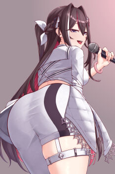 Rule 34 | 1girl, absurdres, ass, ass focus, azki (hololive), bracelet, brown hair, commentary request, hair ornament, highres, holding, holding microphone, hololive, hololive idol uniform (color rise), jewelry, legband, long hair, looking at viewer, microphone, midriff, multicolored hair, official alternate costume, open mouth, purple eyes, red hair, solo, teeth, upper teeth only, virtual youtuber, white hair, zellam