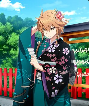 1girl arm_behind_head black_kimono blue_sky braid closed_mouth cloud cowboy_shot day fence floral_print floral_print_kimono flower furisode game_cg green_kimono hair_flower hair_ornament holding_omikuji japanese_clothes kimono long_sleeves new_year official_art omikuji orange_hair outdoors print_kimono purple_flower red_flower shidou_maki_(toji_no_miko) short_hair_with_long_locks sky small_sweatdrop solo spiked_hair third-party_source tied_omikuji toji_no_miko toji_no_miko:_kizamishi_issen_no_tomoshibi tree wide_sleeves