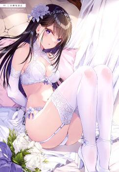 1girl absurdres arms_behind_back artist_name ass bare_shoulders black_hair blush bra breasts cleavage colored_inner_hair cuffed cuffs dengeki_moeoh earrings elbow_gloves eyelashes flower full_body garter_straps gloves hair_behind_ear hair_flower hair_ornament handcuffs high_heels highres indoors jewelry knees_up kobayashi_chisato long_hair looking_at_viewer lying magazine_scan medium_breasts multicolored_hair navel on_back original page_number panties parted_lips purple_eyes scan shiny_skin shoes solo straight_hair strappy_heels thighhighs thighs third-party_source tiara underwear white_bra white_flower white_garter_straps white_gloves white_panties white_shoes white_thighhighs