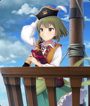 1girl ban_tsugumi blue_sky blunt_ends brown_vest closed_mouth cloud cowboy_shot day dot_nose double-parted_bangs feathers game_cg green_hair green_skirt hand_on_headwear hat hat_feather holding holding_telescope jolly_roger layered_skirt long_sleeves official_art open_clothes open_vest outdoors pirate_hat pouch railing rope ship shirt short_hair skirt skull_and_crossbones sky solo telescope third-party_source toji_no_miko toji_no_miko:_kizamishi_issen_no_tomoshibi vest watercraft white_feathers white_shirt white_skirt yellow_eyes