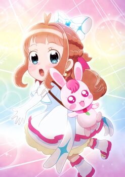 1girl :d :o ahoge arm_bow ascot asukamama89 blue_eyes blunt_bangs blush blush_stickers boots bow braid brown_hair child colorful_background commentary cosplay creature crossover cure_prism cure_prism_(cosplay) dress earrings elbow_gloves fairy frilled_dress frills gloves hair_bow hair_ornament hair_ribbon half_up_braid halter_dress halterneck healin&#039;_good_precure heart heart_ahoge highres hirogaru_sky!_precure isekai_de_mofumofu_nadenade_suru_tame_ni_ganbattemasu jewelry kakuma_ai layered_dress long_hair looking_at_viewer magical_girl medium_dress nefertima_osphe open_mouth pink_eyes pink_fur pink_ribbon precure rabirin_(precure) ribbon single_earring sleeveless sleeveless_dress smile sparkle sparkle_background sparkling_eyes sphere_earrings tail teeth upper_teeth_only voice_actor_connection white_ascot white_boots white_bow white_dress white_gloves wing_hair_ornament