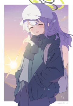 1girl :d ^_^ backpack bag baseball_cap black_scarf blue_archive border closed_eyes commentary_request cowboy_shot dated gradient_sky green_eyes green_halo green_jacket grey_hair grey_shirt grey_shorts halo hands_in_pockets hare_(blue_archive) hare_(camp)_(blue_archive) hat highres jacket lens_flare light_blush long_hair long_sleeves mochigome_(ununquadium) new_year official_alternate_costume open_clothes open_jacket open_mouth outside_border ponytail purple_sky ring_of_light_(blue_archive) scarf shirt shorts sky smile solo sunrise white_border white_hat yellow_sky