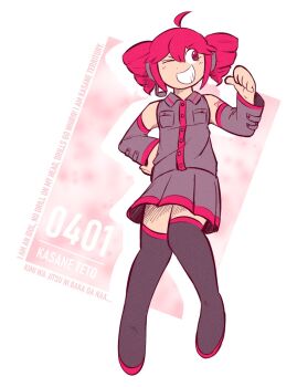 >_o 1girl ahoge boots character_name collared_shirt commentary detached_sleeves drill_hair drop_shadow full_body grin hand_on_own_hip headphones headset highres kasane_territory_(utau) kasane_teto kasane_teto_(utau) long_sleeves looking_to_the_side lyrics one_eye_closed pink_eyes pink_hair pleated_skirt shirt skirt sleeveless sleeveless_shirt smile solo sproutsquared thigh_boots thumbs_up twin_drills utau