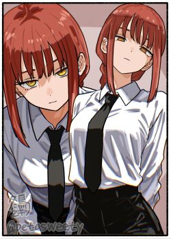 1girl arms_behind_back black_necktie black_pants braid braided_ponytail chainsaw_man closed_mouth collared_shirt highres leaning_forward long_hair long_sleeves looking_at_viewer makima_(chainsaw_man) multiple_views necktie pants pino_sweet red_hair shirt shirt_tucked_in sidelocks white_shirt yellow_eyes